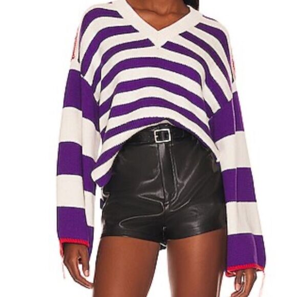 REVOLVE L'Acadamie Raddix oversized sweater Purple and cream Bell Sleeve Striped - Picture 1 of 9